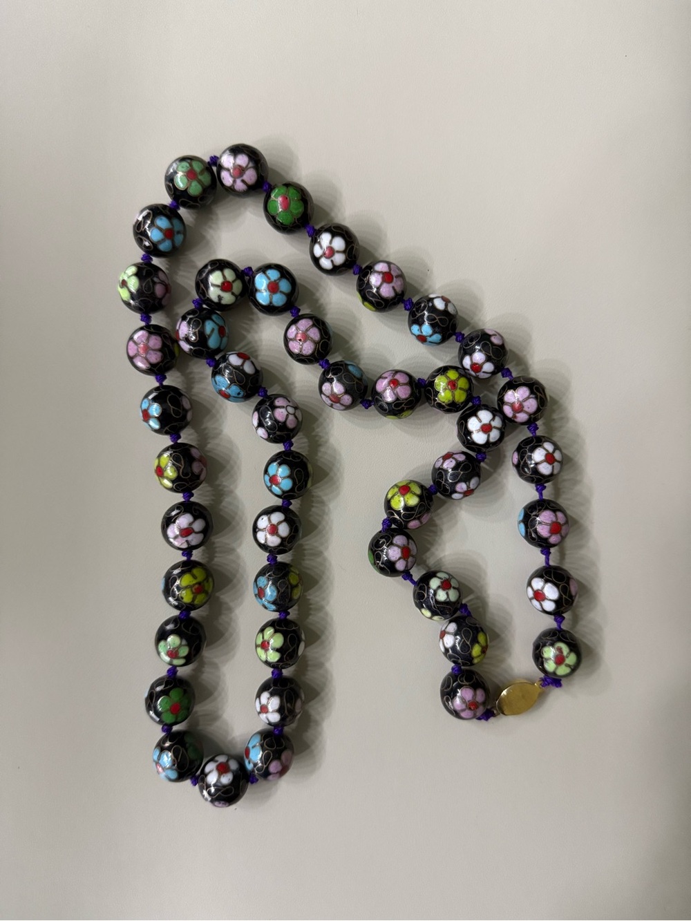 Vintage Chinese Floral Cloisonné Beaded Necklace Large Black Beads 1950s